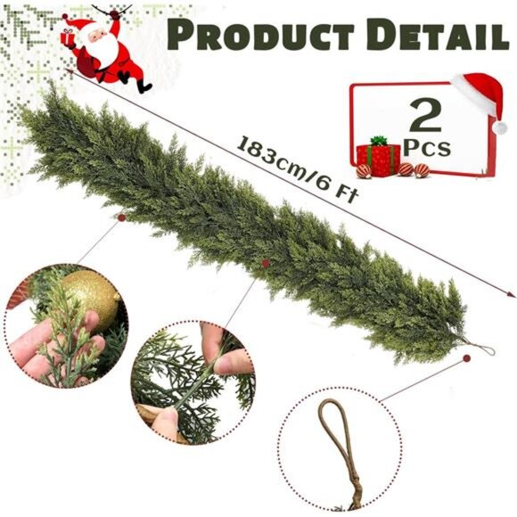 2 Pcs 6FT each, Christmas Garland, Christmas Decorations, Real Touch Cedar - Picture 2 of 7